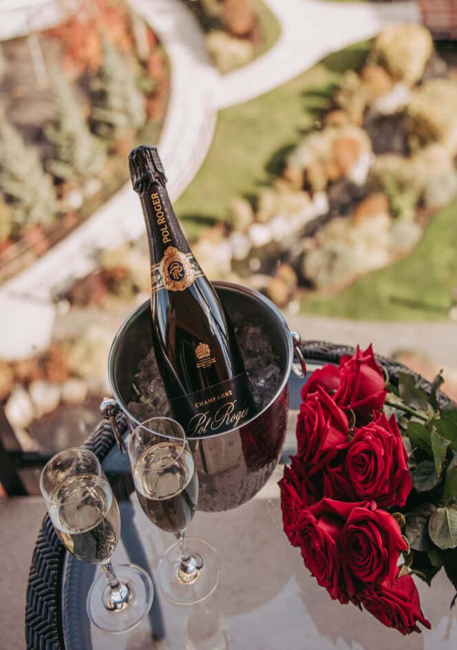 champagne chilling bouquet of red roses two champagne glasses