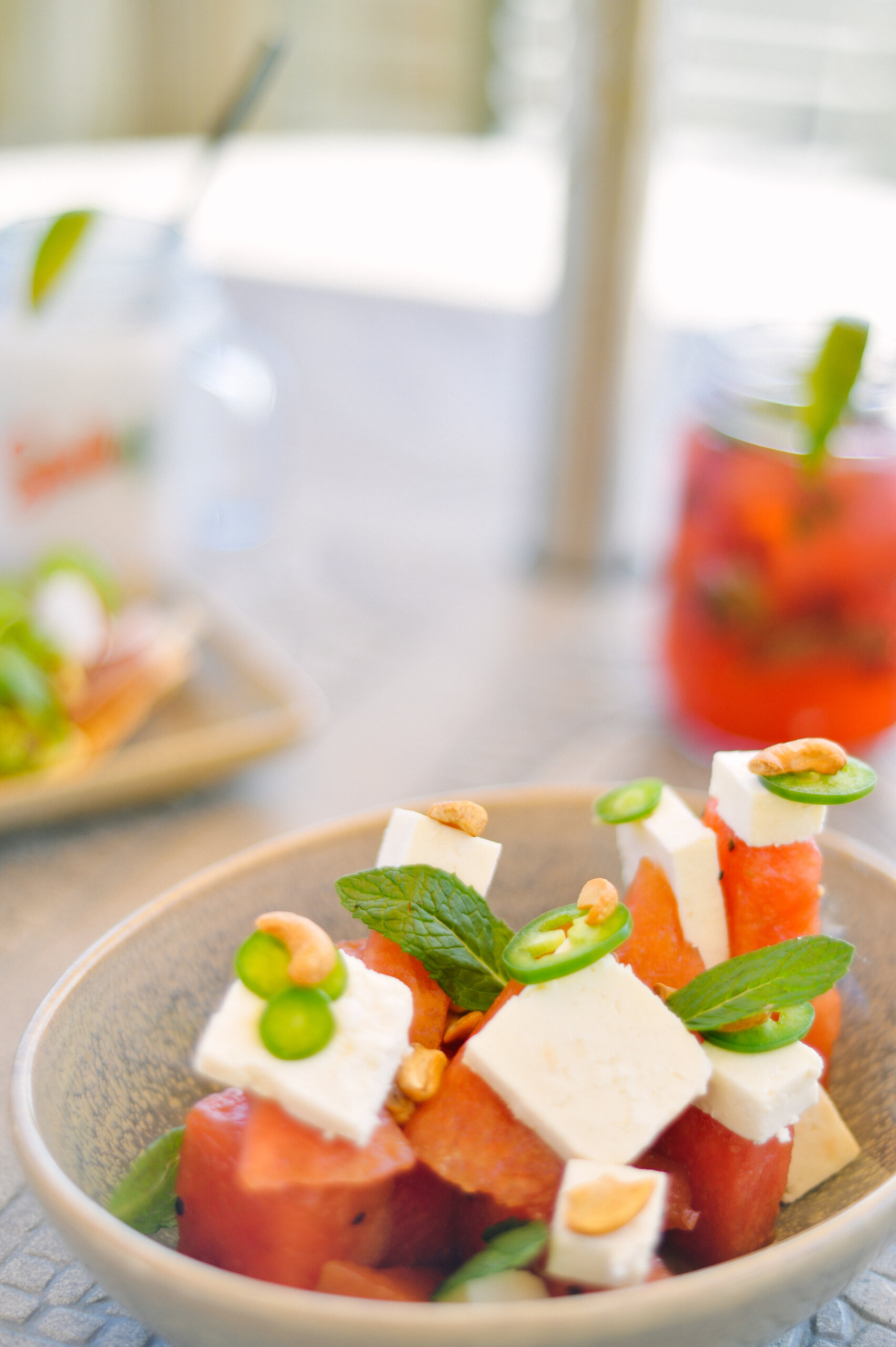 fresh watermelon salad with feta and jalapeno slices