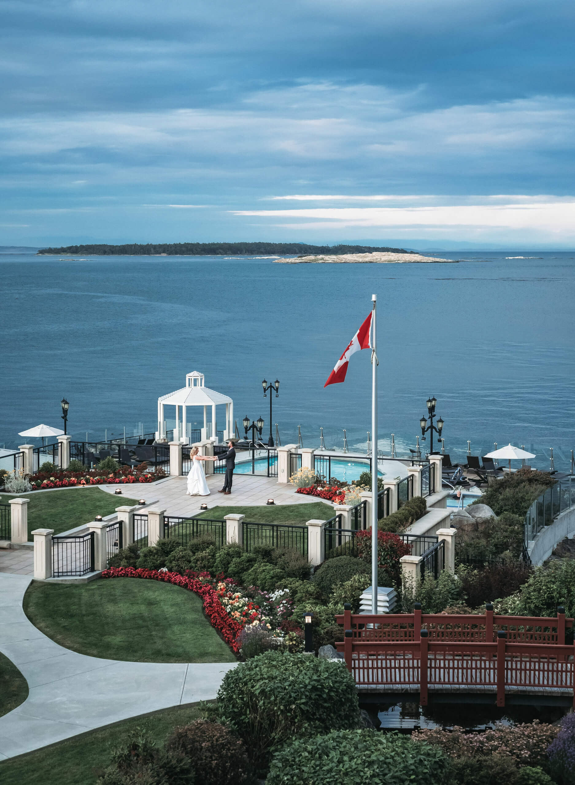 ocean view terrace garden spring florals wedding couple dancing salish sea