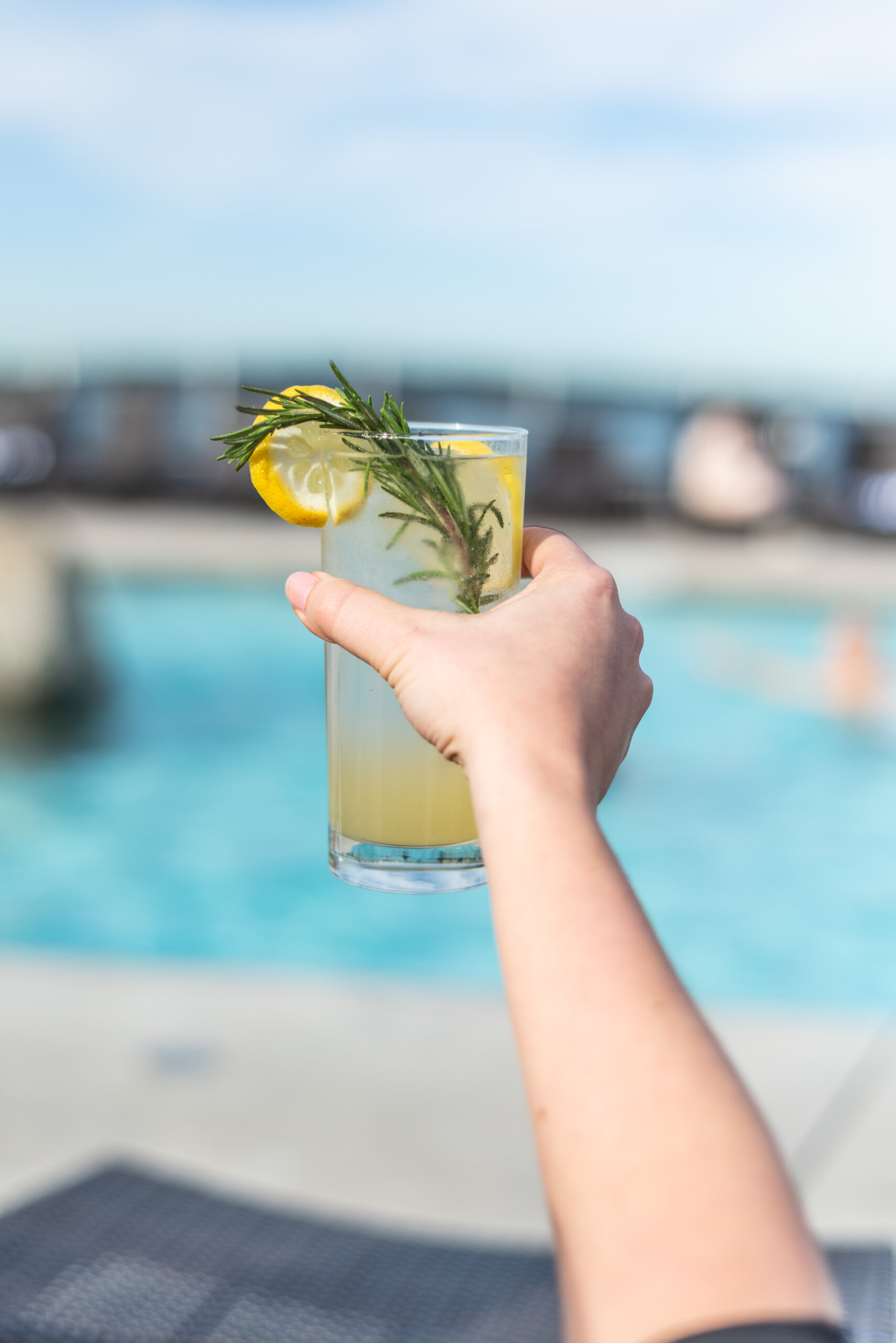 cocktail glass raised rosemary sprig and lemon twist garnish