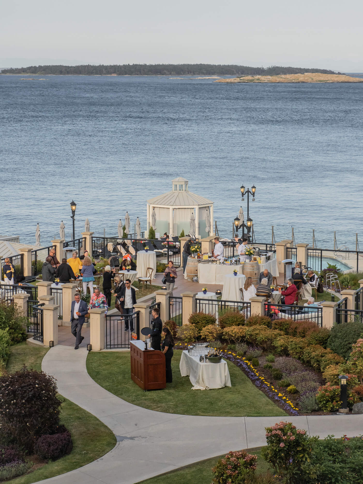 reception in gardens with ocean in background