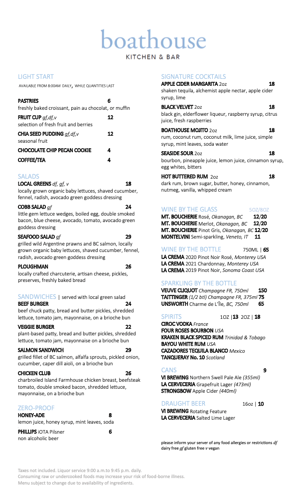 Boathouse Kitchen Menu | Oak Bay Beach Hotel