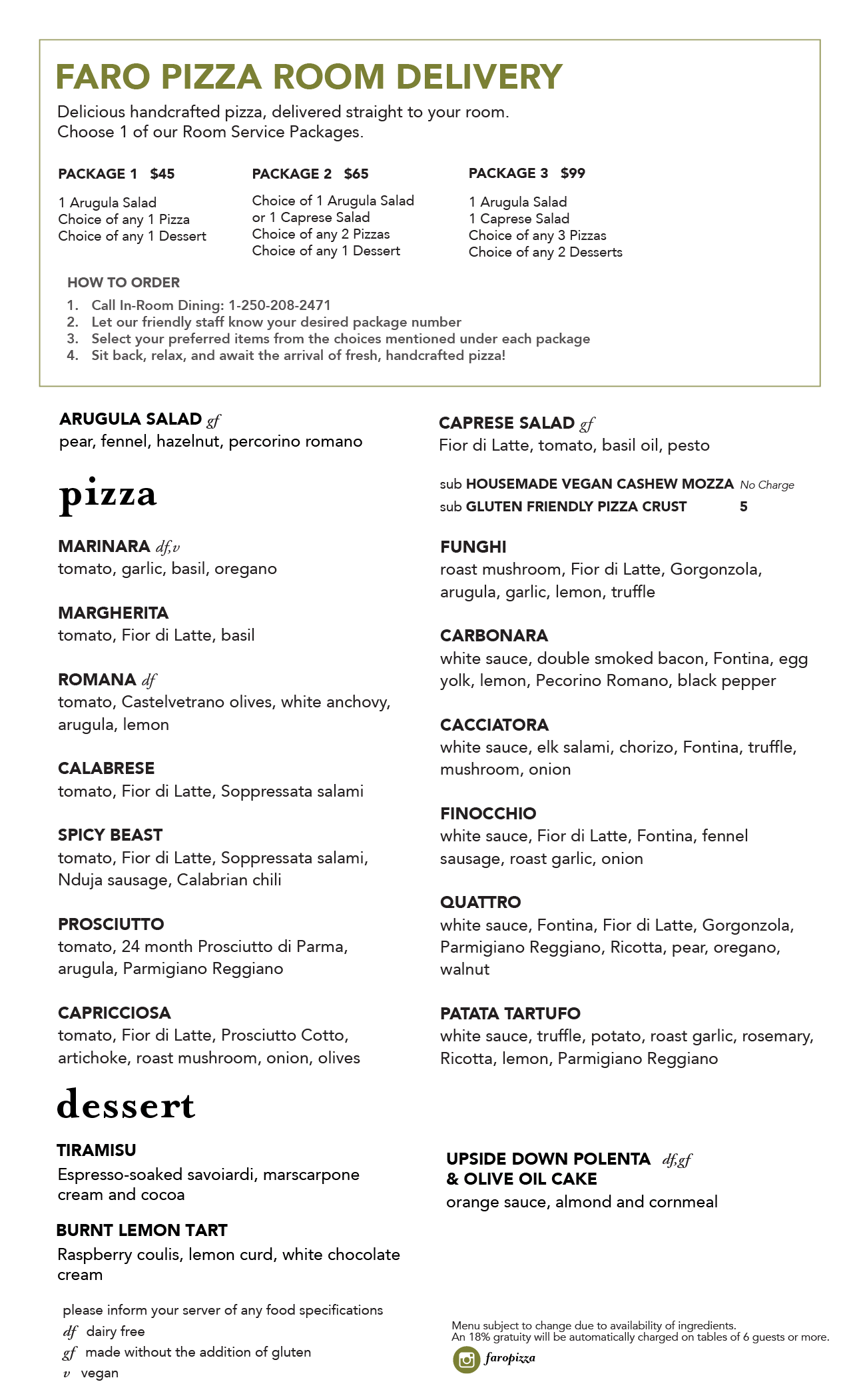 FARO In Room Dining Menu | Oak Bay Beach Hotel
